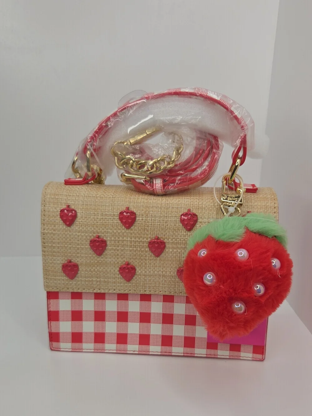❤️▪️Betsey Johnson▪️Red & Beige Strawberry Embellished Top-Handle Satchel